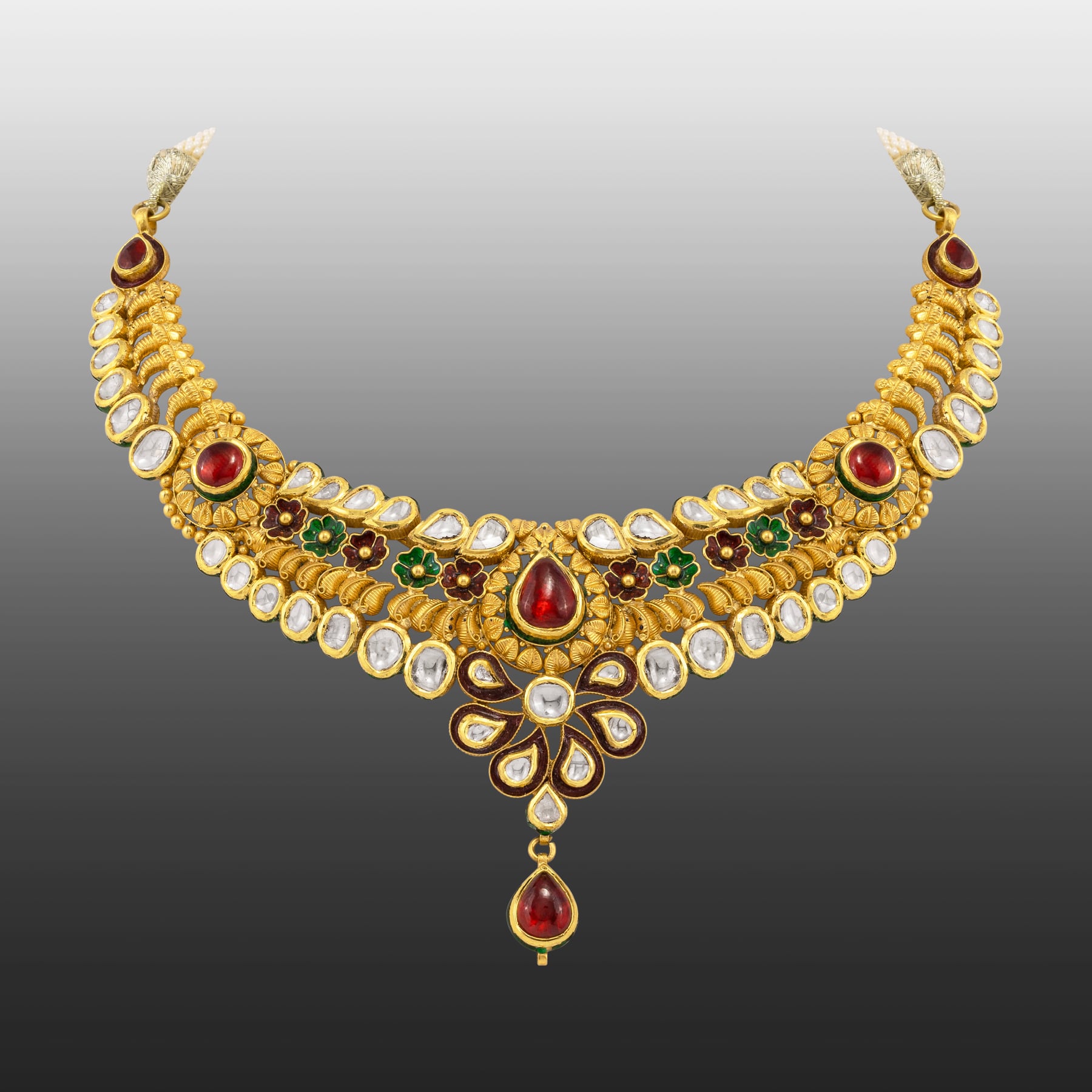 Traditional Necklace with Polki, Red & Green Enamel